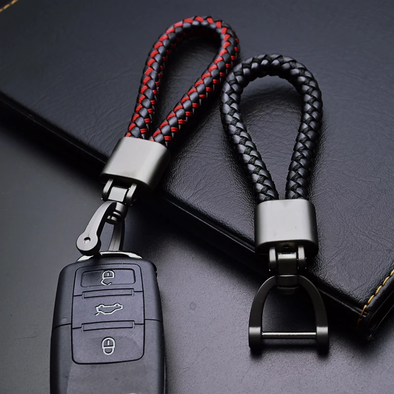 Creative Hand Rope Keychain Woven PU Leather Car Key Chain Can 360° Rotating Metal Horseshoe Buckle Universal Key Ring