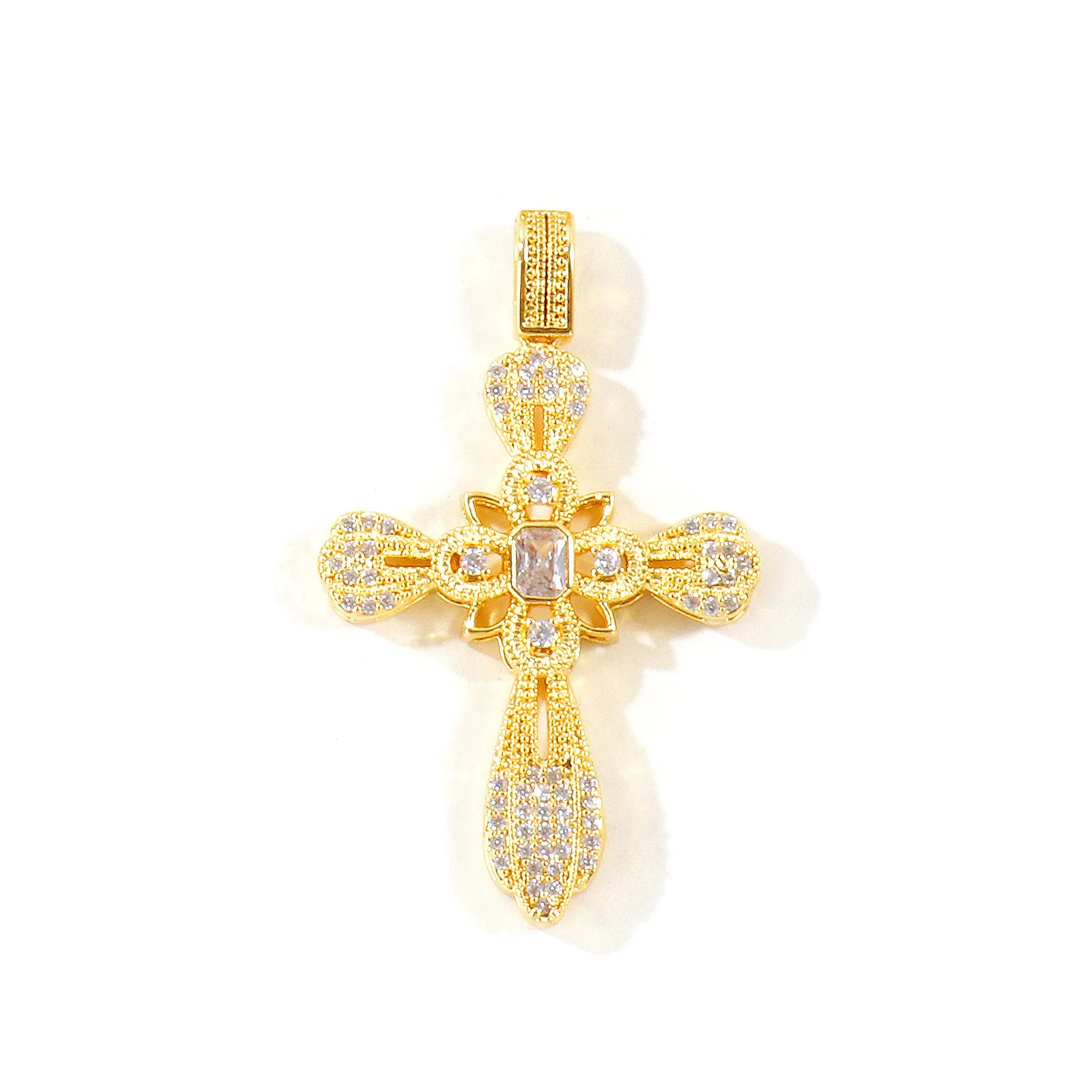 1 Stück religiöser Kreuzanhänger, Mikro-Pavé, klare Zirkonia, Messing, 18K vergoldeter Anhänger für DIY-Halskettenzubehör, Großhandel – Detail 4