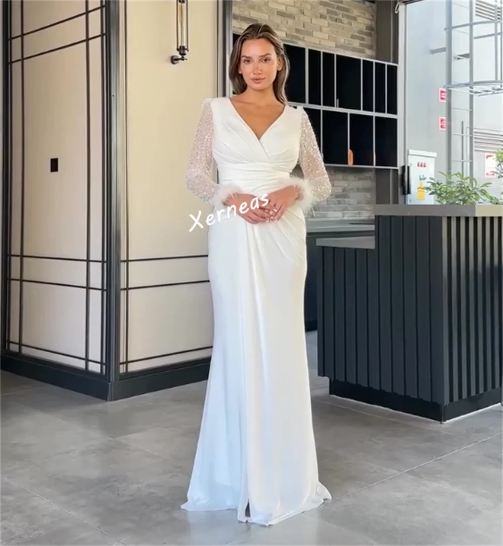 Customized Evening Gown Pleat Glitter Feather V-neck Trumpet Long Dresses Bespoke Occasion Woman Elegant Party Wedding 4