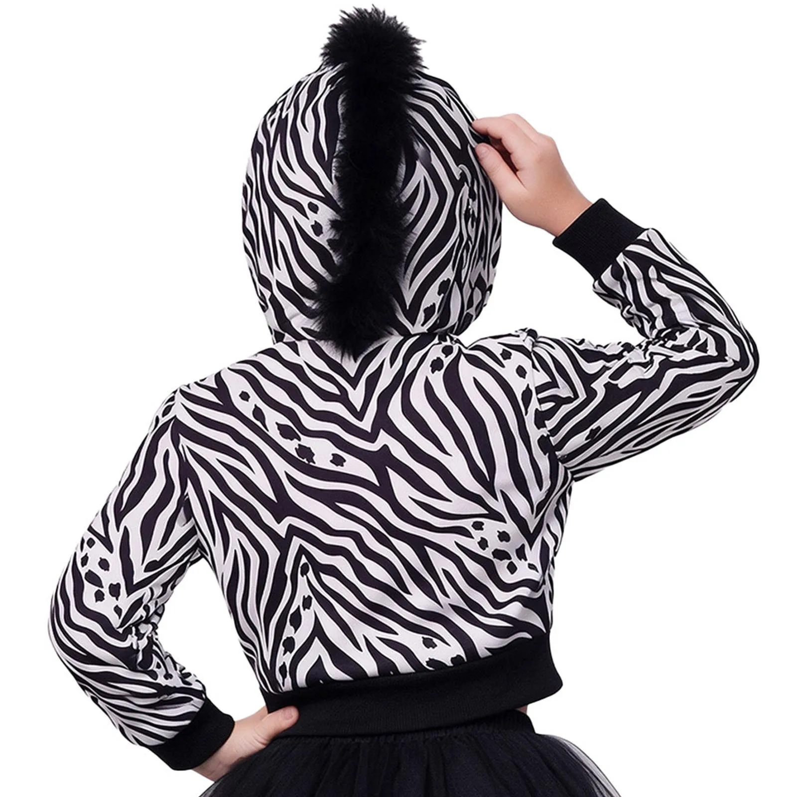 Kids Girls Zebra Print Hooded Jacket Long Sleeve Zipper Front Coat Outerwear for Daily Life Casual Wear School Activity Party