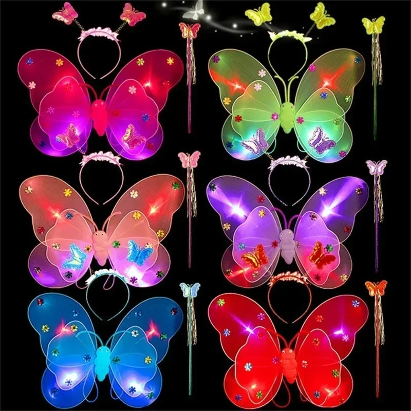 3Pcs/Set Double Layers Girls Led Flashing Light Fairy Butterfly Wing Wand Headband Costume Toy Gift Halloween Decoration