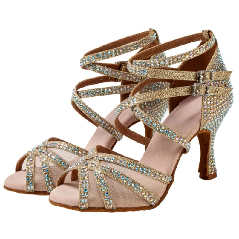 Hot New Rhinestone Latin Dance Shoes Women Salsa Tango Ballroom Party High Heels Gold Silver Girls Summer Sandals Jazz Trainers