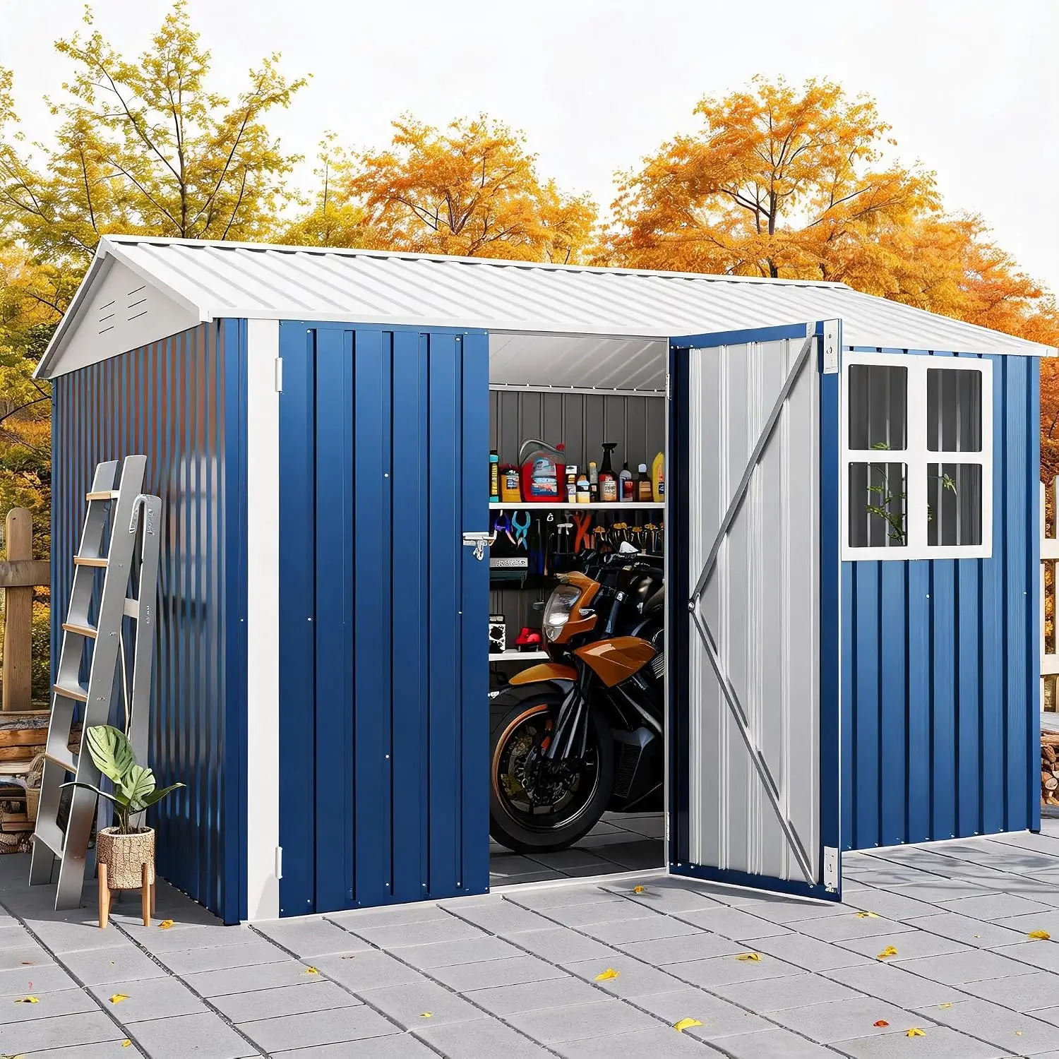 10X8 FT Outdoor Storage Shed with Cross Windows & Double Doors, 450 Cu Ft Garden Tool Shed for Mower & Bike, Metal, Customized