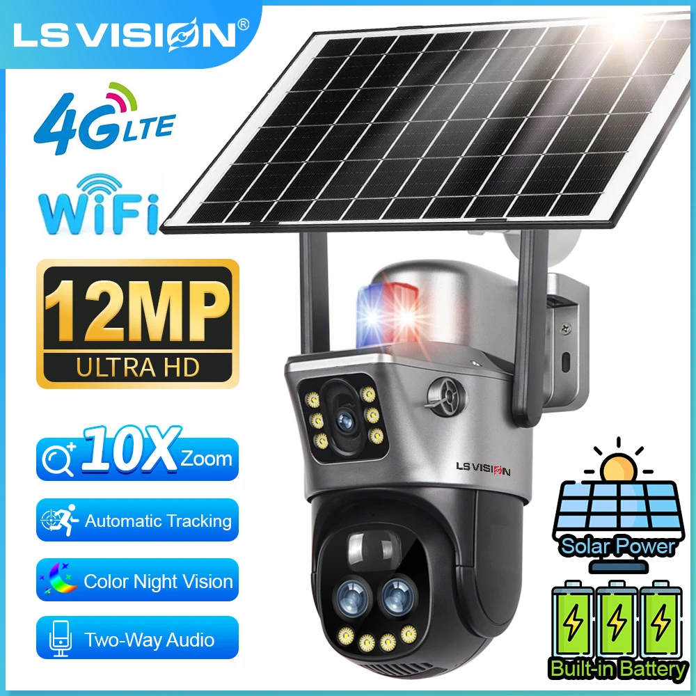 LS VISION V380 12MP 10XZoom 4G Solar Camera Wifi Outdoor Three Lens 6K Human Detect Light Alarm Cctv PTZ 360 Surveillance Camera