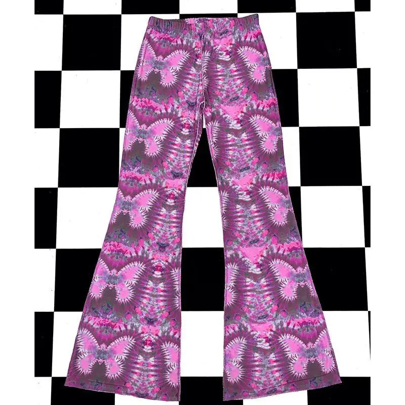 Y2K Millennium Hot Girl Music Festival Hippie Style Love Butterfly Tie Dye Printed Elastic High Waisted Bell Bottom Pants