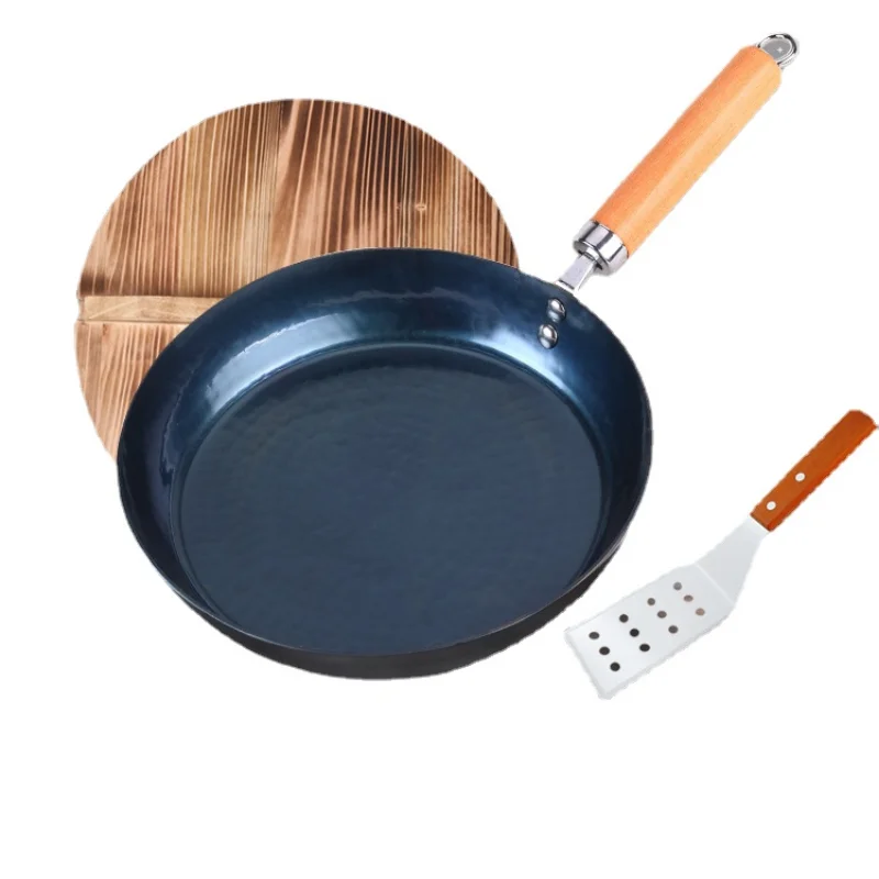 

Hammered Iron Skillet 24/26/28/30cm Blue Iron Pans with Detachable Wooden Handle No Nonstick Coating Frying Omelette Frying Pan