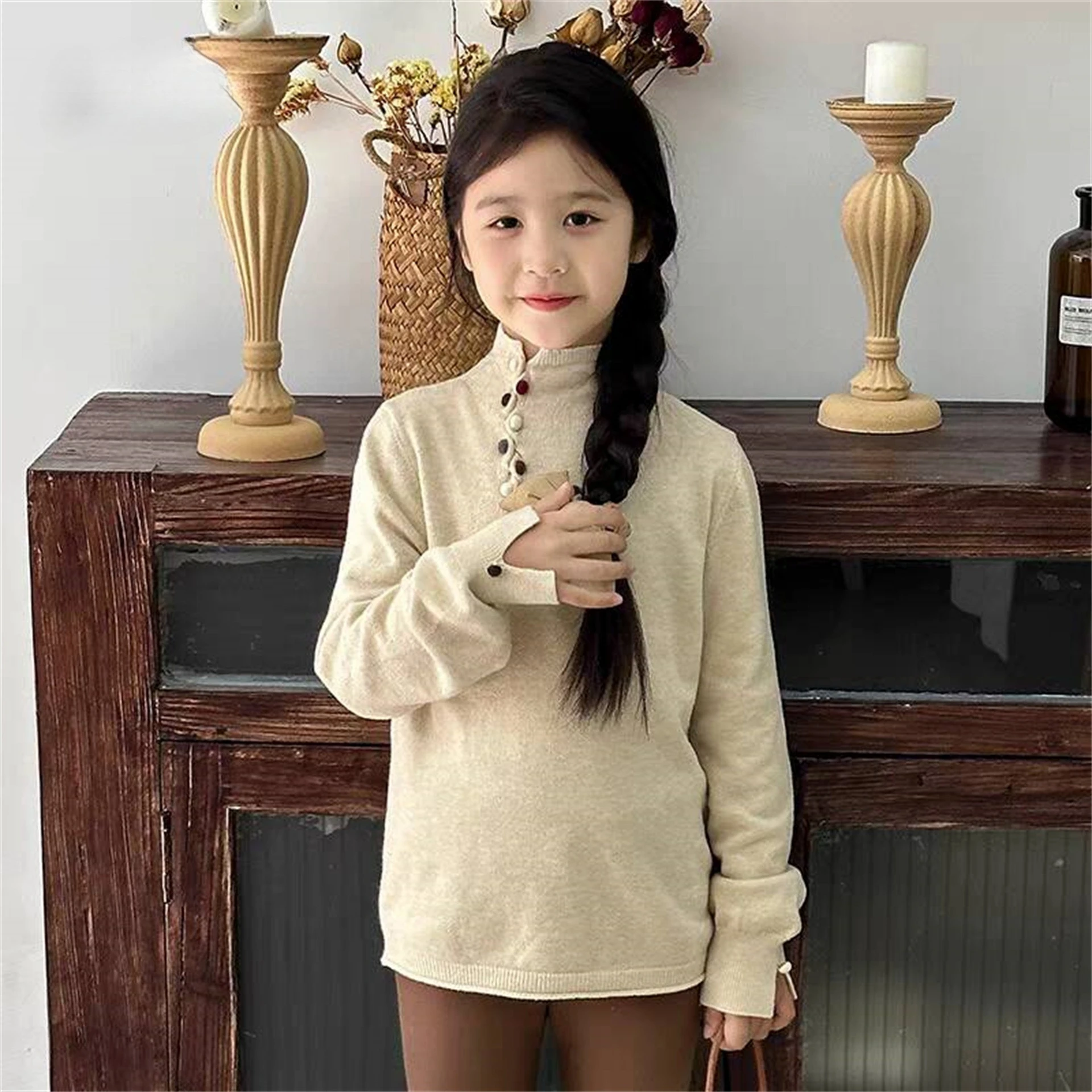 

semi-turtleneck girls sweater autumn winter new children's buttons medium-sized casual inner knitted bottoming top