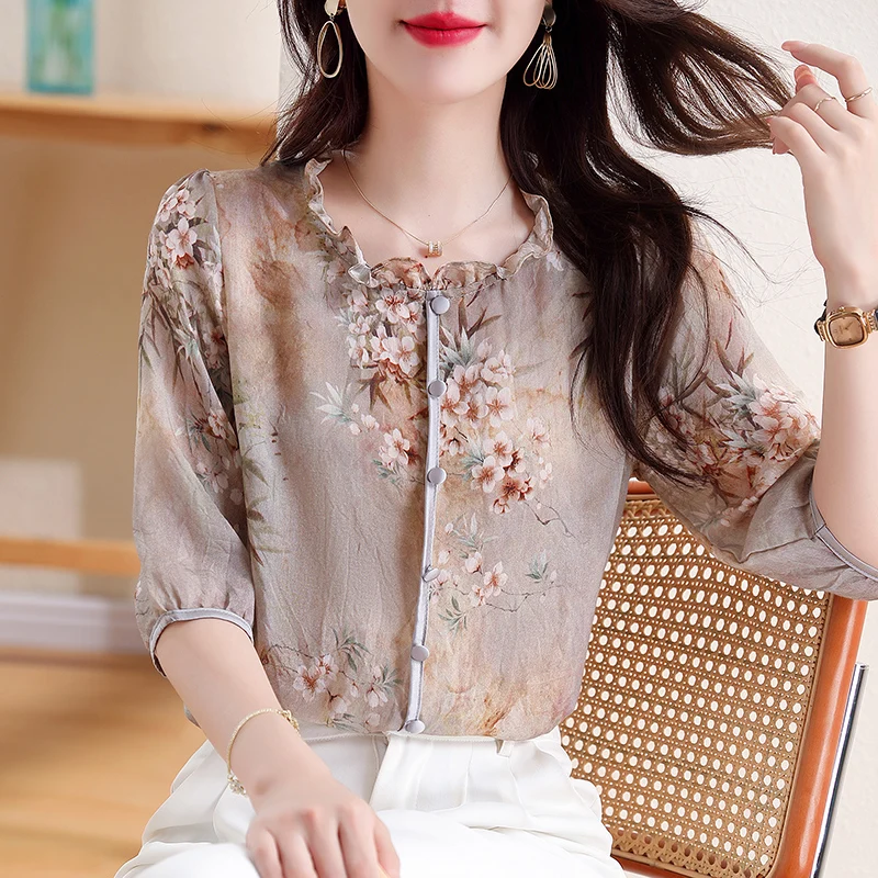 Spring Summer Women Blouse Korean Fashion Floral Printed Shirt Half Sleeve Casual Pullovers Tops