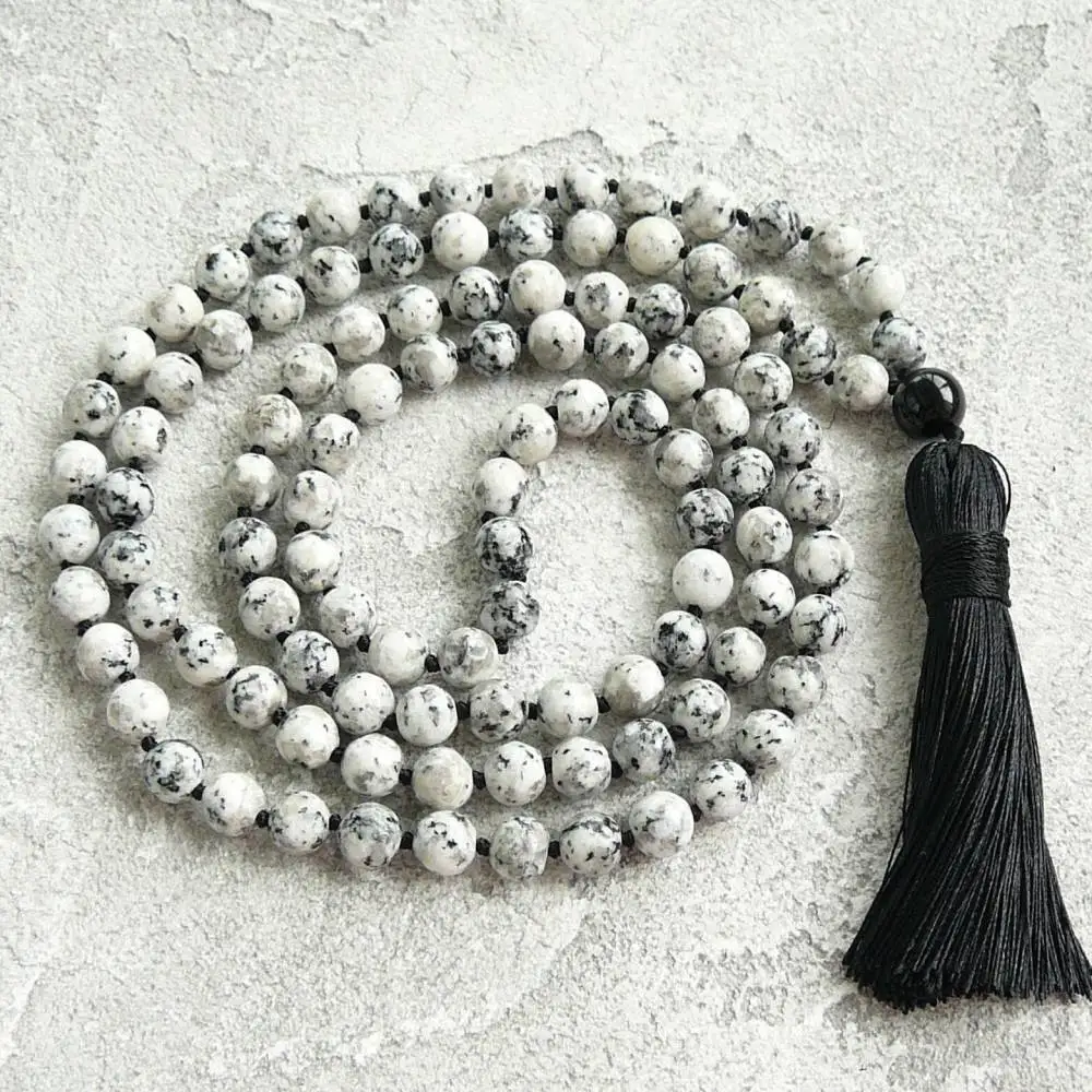 

Natural White Black Spot Jasper 108 Beads Mala Necklace with Black Tassel Healing Crystal Jewelry