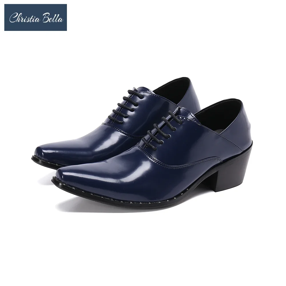 

Italian Handmade Mid Heel Men Oxford Shoes Blue Real Leather Business Plus Size Lace Up Formal Shoes Party Banquet Dress Shoes