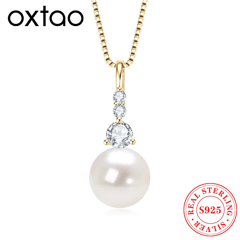 OXTAO 9-10mm White Freshwater Pearl Pendant Necklace 925 Silver Clavicle Chain Necklace Fine Jewelry Gift Chain length 45+5cm