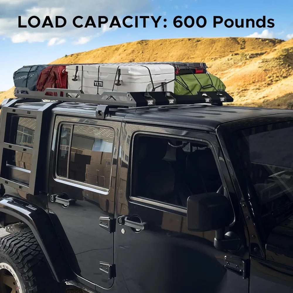 Багажник на крышу с лестницей, подходит для Jeep Wrangler JK 2007-2018, 4-дверный жесткий верхний багажник на крышу с 2 лестницей и 4 светодиодными фонарями и автомобилем