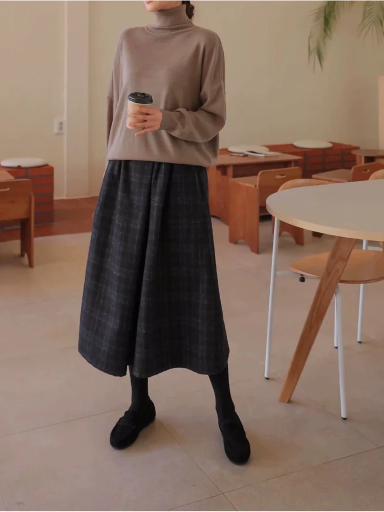 American retro elastic waistband woolen trendy women's skirt pants Autumn/winter Harajuku spicy girl plaid warm wide leg pants