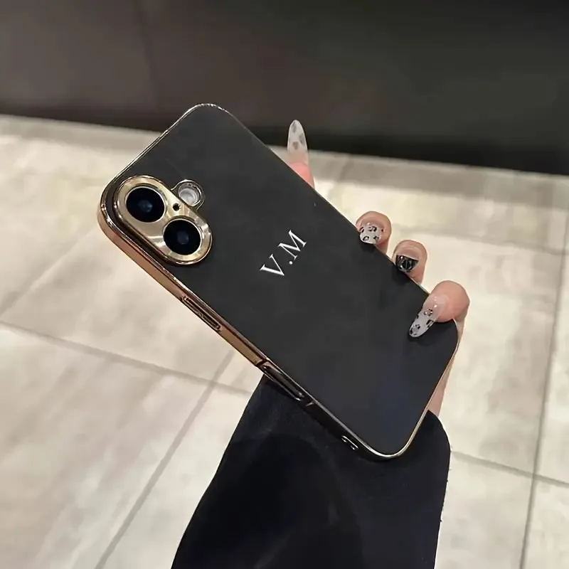 Personalized Customized Initials Name Case For Iphone 11 12 13 14 15 16 Pro Max Plating Electroplated Frame Lambskin Cover
