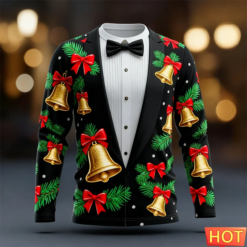 Realistische Anzug Muster Weihnachten Langarm T Shirt Für Männer Lustige Mode 3D Gedruckt Weihnachten T-shirt Lose Atmungsaktive Urlaub Tees