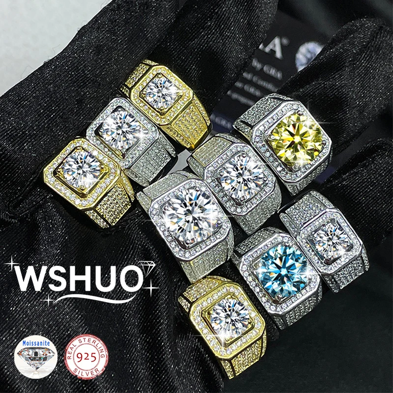 

WSHUO Man's 1-5CT D Color Moissanite Ring S925 Sterling Silver Jewelry Luxury Diamon with GRA Businessman Resizable Rings Gifts