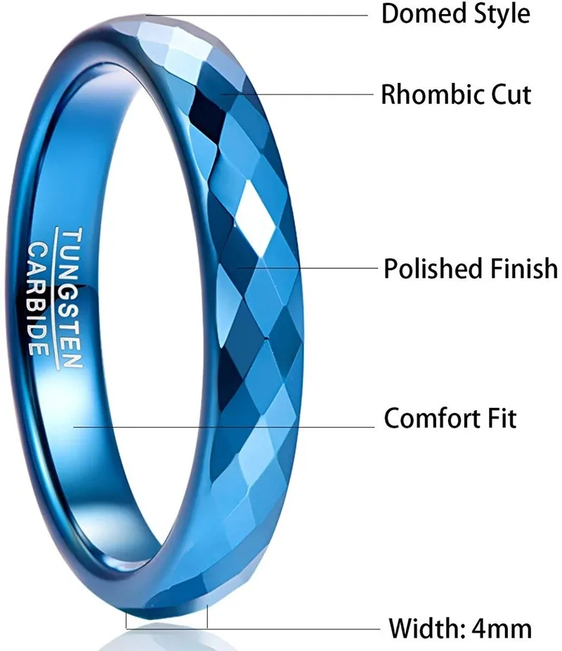 BONLAVIE New 4mm Tungsten Carbide Ring Blue Polished Finish Rhombic Cut Wedding Ring Comfort Fit Rings Jewelry