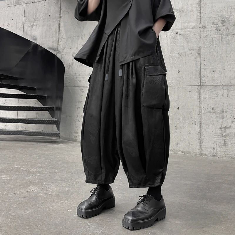 Streetwear Men Harem Pants High Street Black Wide-leg Trousers Hip Hop Jogging Pants Side Pocket Cargo Pants Oversized