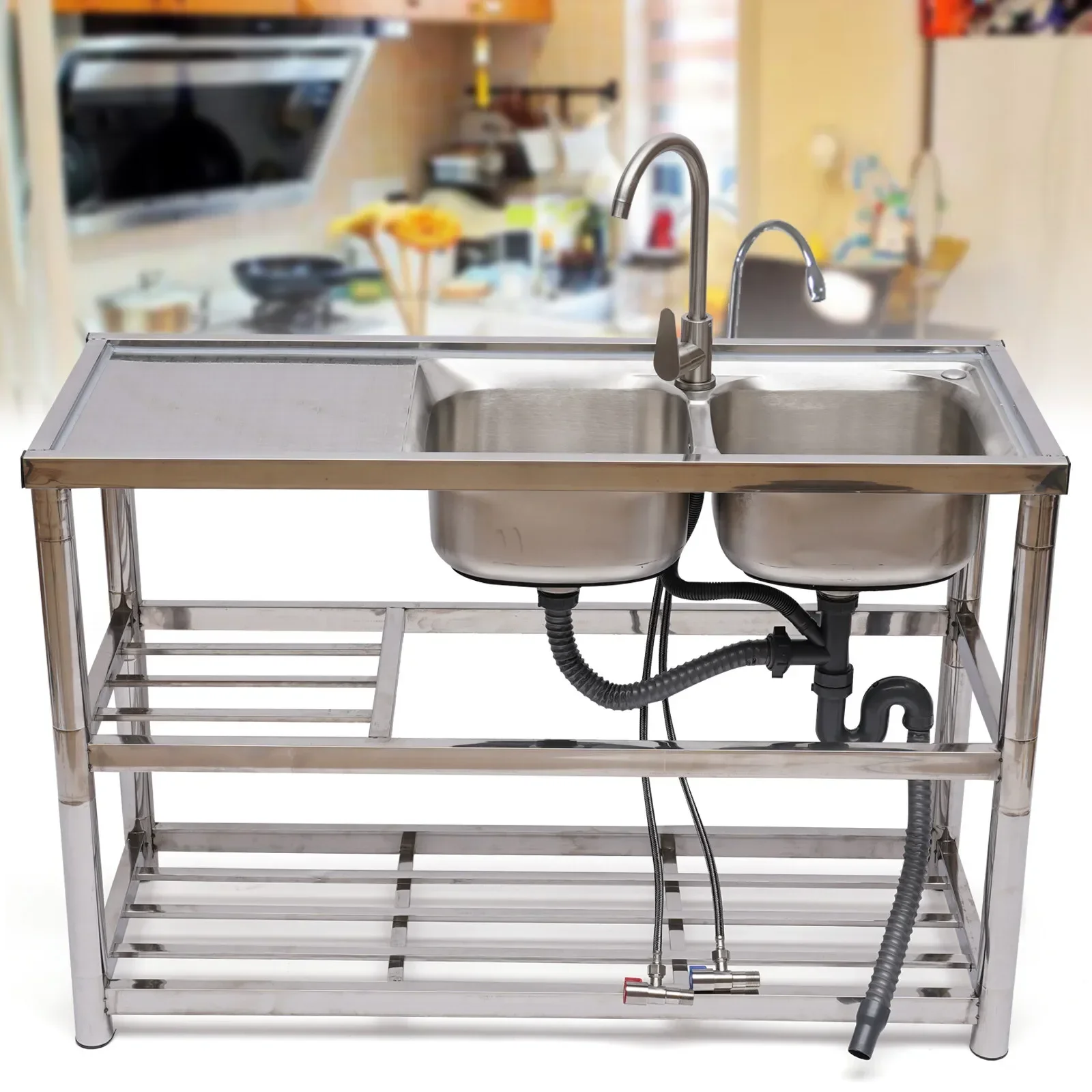 

​​Free Standing Commercial Sink 2 Bowl 304Stainless Steel with Prep Shelf 360 Degree Faucet 150kg Load for Cafe Garage Laundry​​