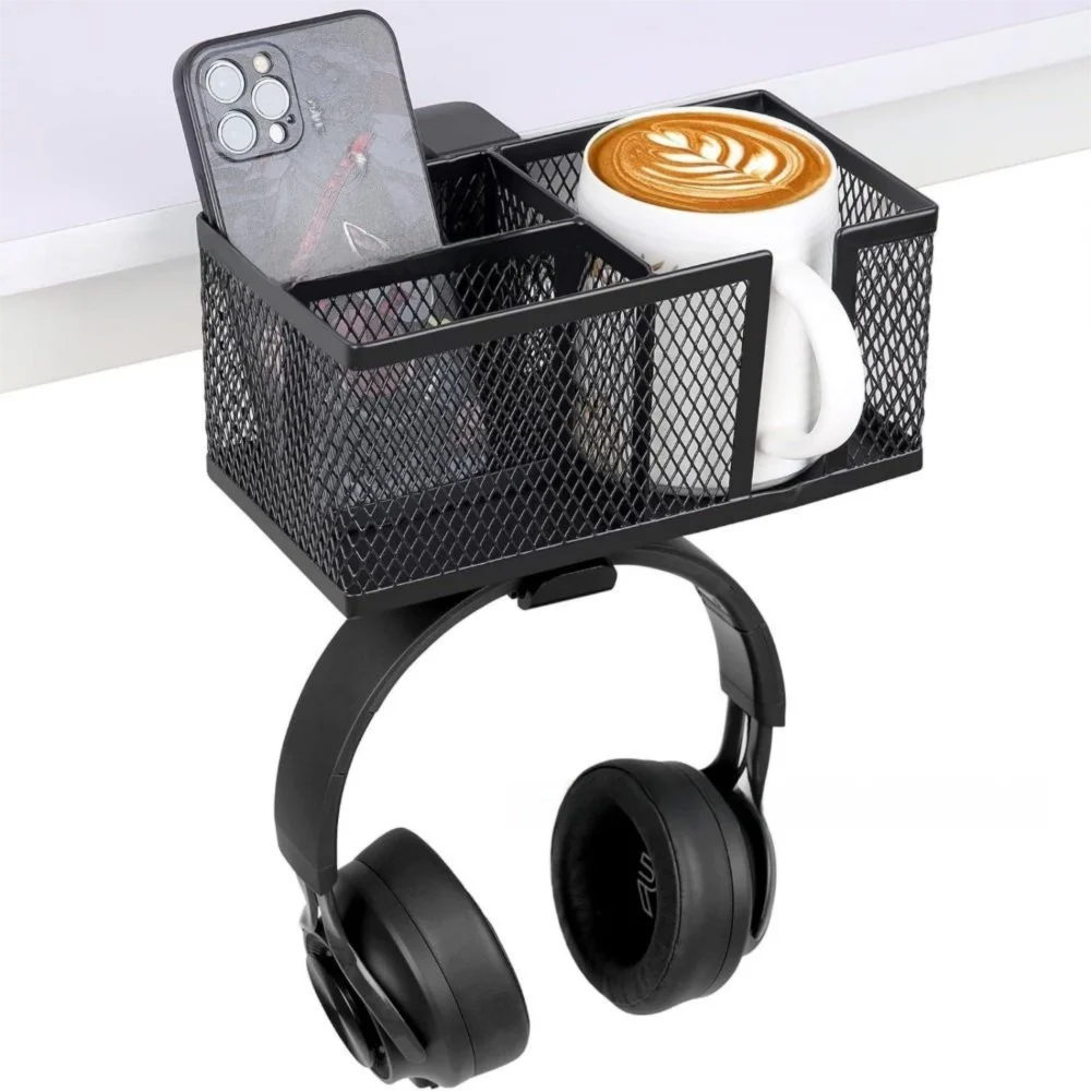 

Detachable Clip On Desk Cup Holder Metal Clip Anti-Spill Under Desk Headphone Hanger Space Saving Easy Installation
