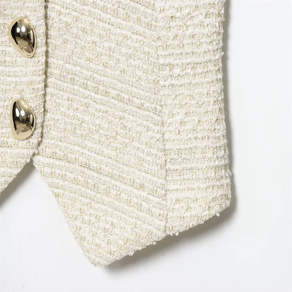 แฟชั่นฤดูใบไม้ร่วงสำหรับผู้หญิง เสื้อคอวีสีพื้นแบบไม่มีแขนติดกระดุม และกางเกงเนื้อผ้ามีเท็กซ์เจอร์