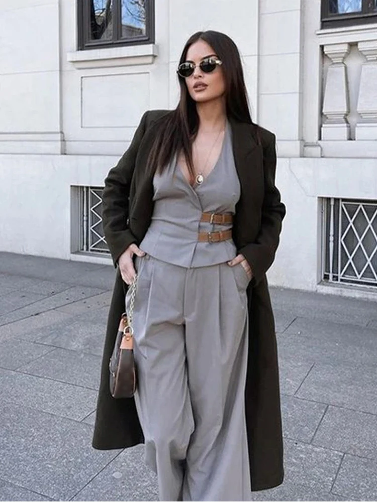 TRAFZA Women\'s Hanging Neck V-Neck Vest Top High Waisted Pleated Trousers Two Piece Set Belted Sexy Sleeveless Vest Trouser Set
