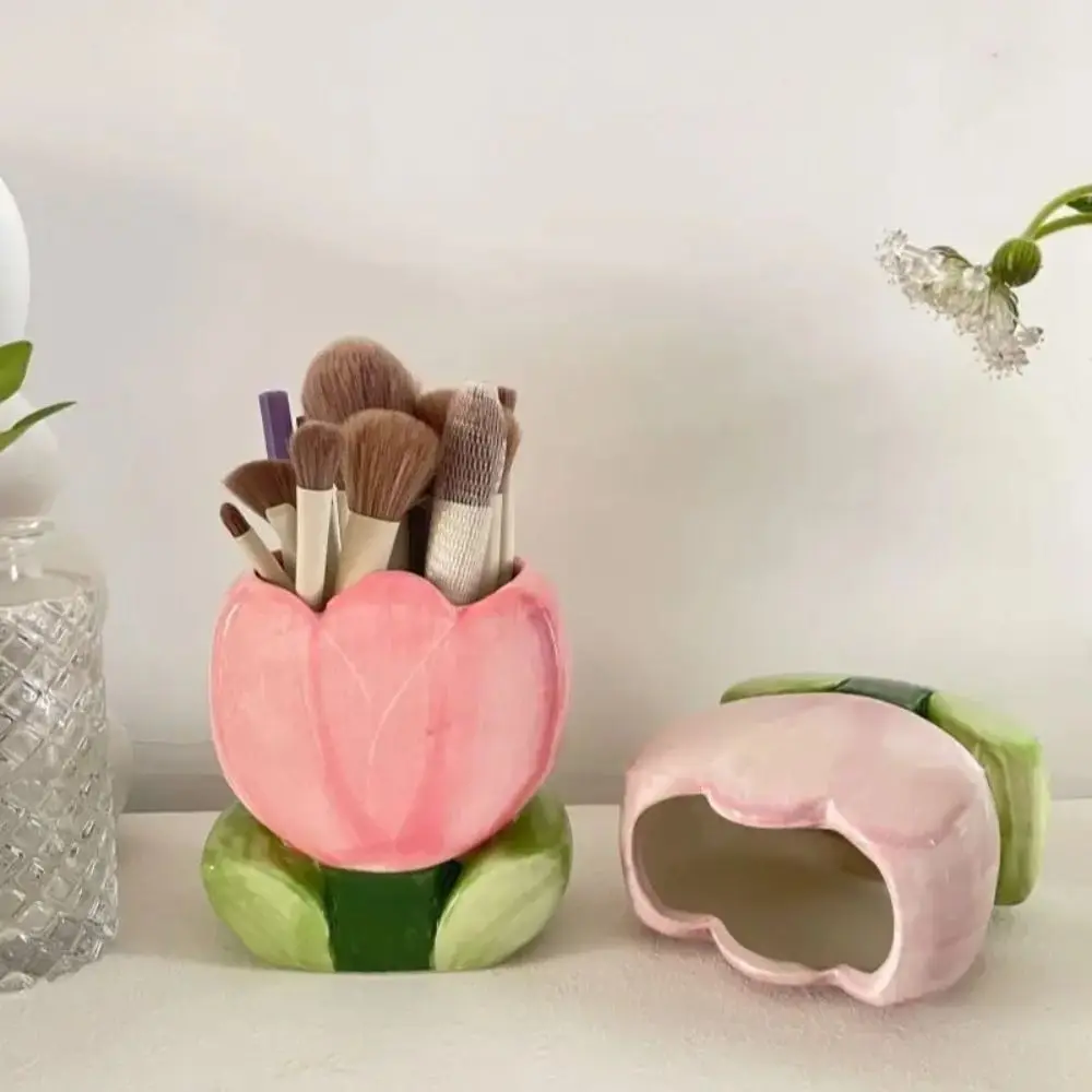 Ceramic Flower Makeup Brush Storage Bucket Tulip Flower Retro Flower Cute Flower Table Storage Pen Container Kawaii