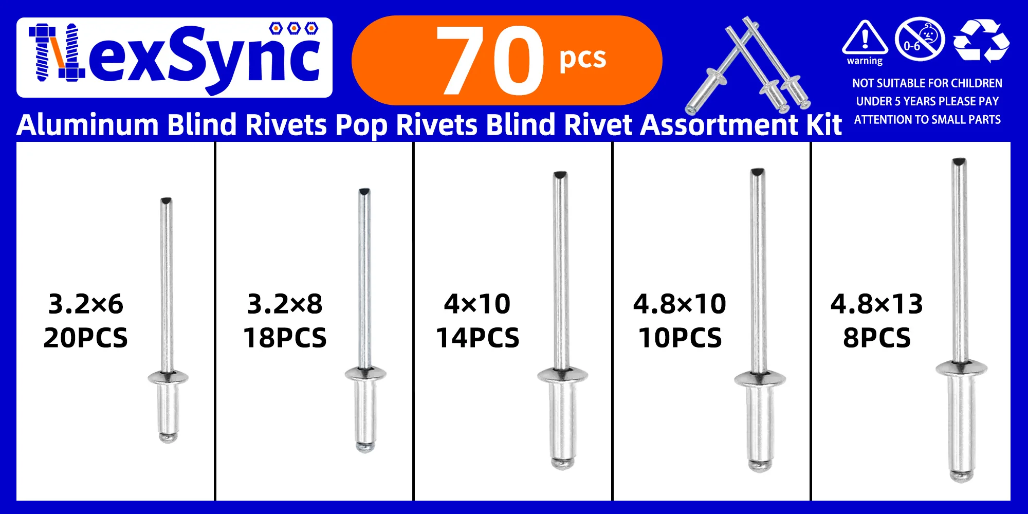 70pcs Aluminium Blind Rivets Kit M3.2 M4 M4.8 Dome Head Aluminium Pop Rivets Assortment Kit Exhaust Rivets