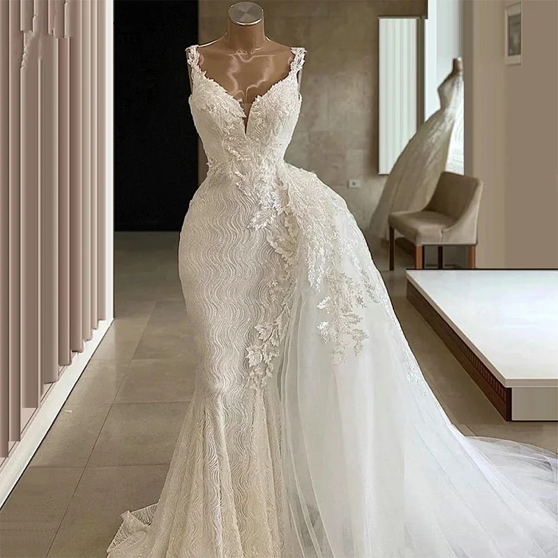 

Spaghetti Strap Mermaid Wedding Dresses Sleeveless V-Neck Wedding Gown Romantic Applique Ruffle Tiered Tulle 2024 Robe De mariée