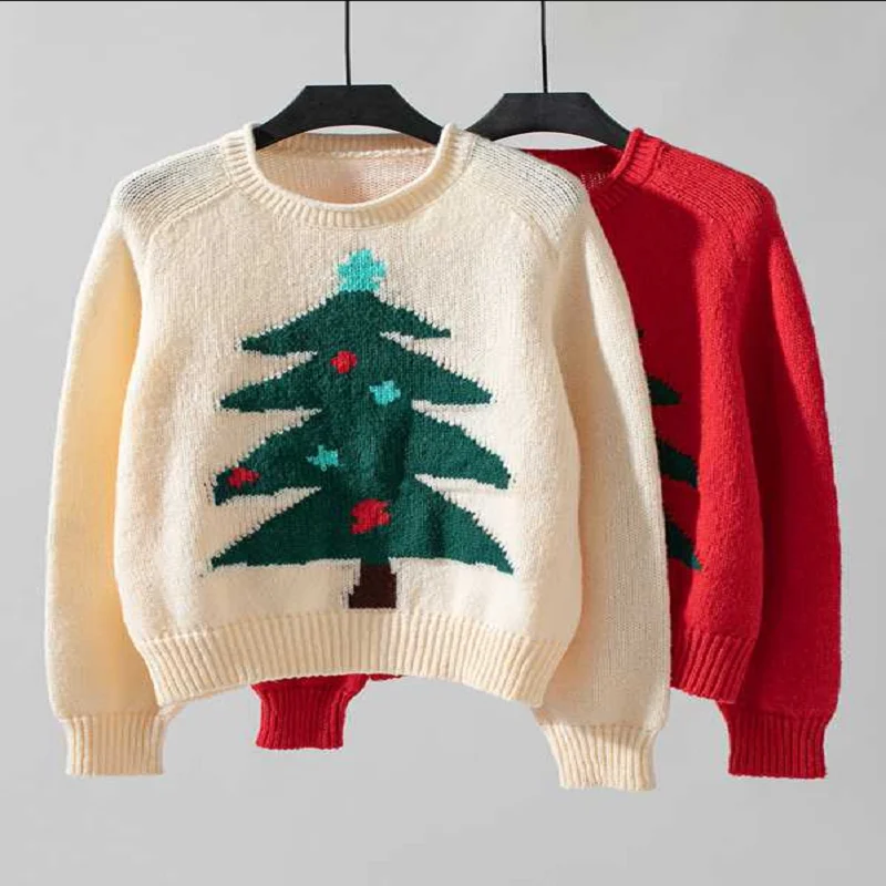 Рождественские свитера для женщин, свитер с круглым вырезом, пуловеры с длинными рукавами, рождественская праздничная одежда
