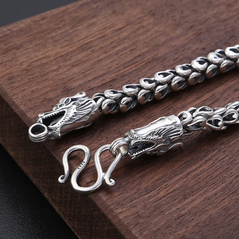 

Handmade Double Head Necklace Men's Sterling Silver 925 Bold Retro Personalized Dragon Scale Chain 6mm Fashion Exaggerated Singl