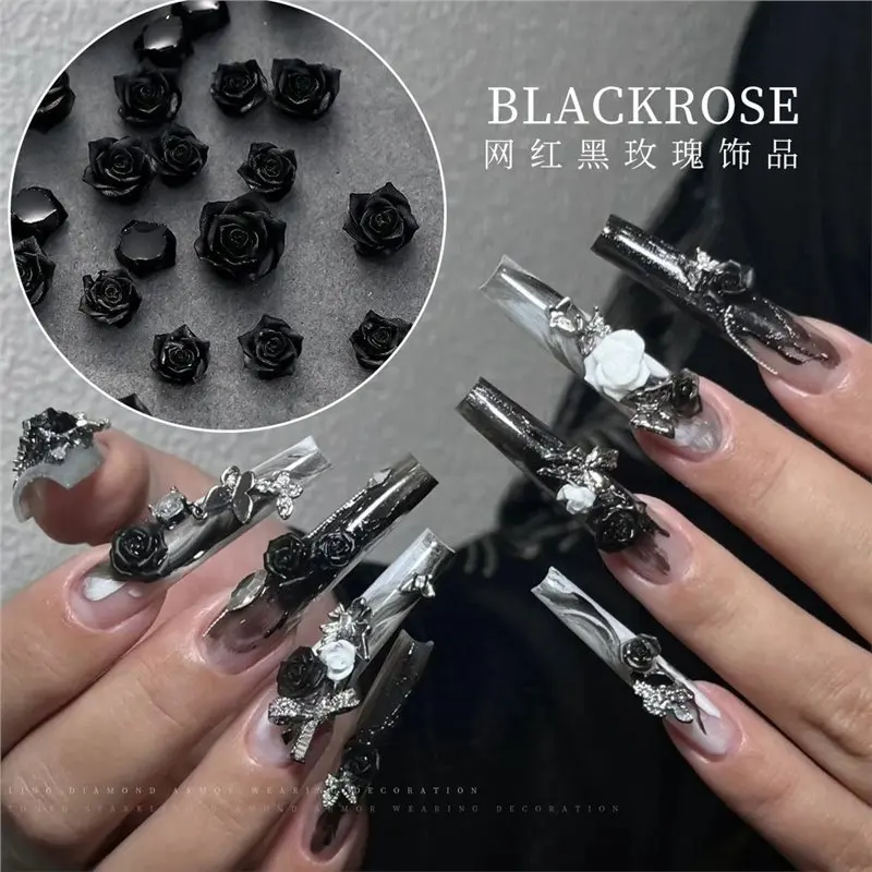 50PCS Minimalist Black Rose Nail Charms 3D Resin 3Sizes Rose Flowers Dark Style Nail Art Decoration Accessories for Manicure DIY