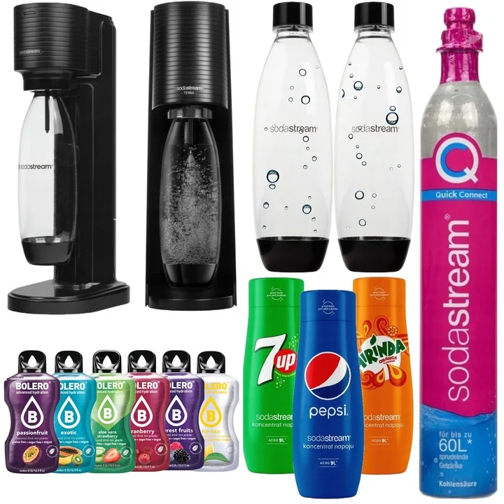 SodaStream Terra Zestaw (Saturator, 2x Butelka Fuse, Saszetki Bolero, Syropy Pepsi, Mirinda, 7up)