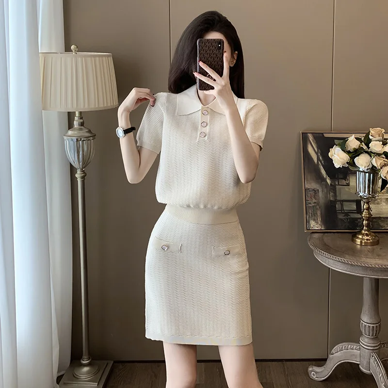 

Thirteen Line Clothing 2024 Summer New Fashion Casual Suit Women's Ice Silk Short Sleeved Knitted Two-Piece Set Skirt