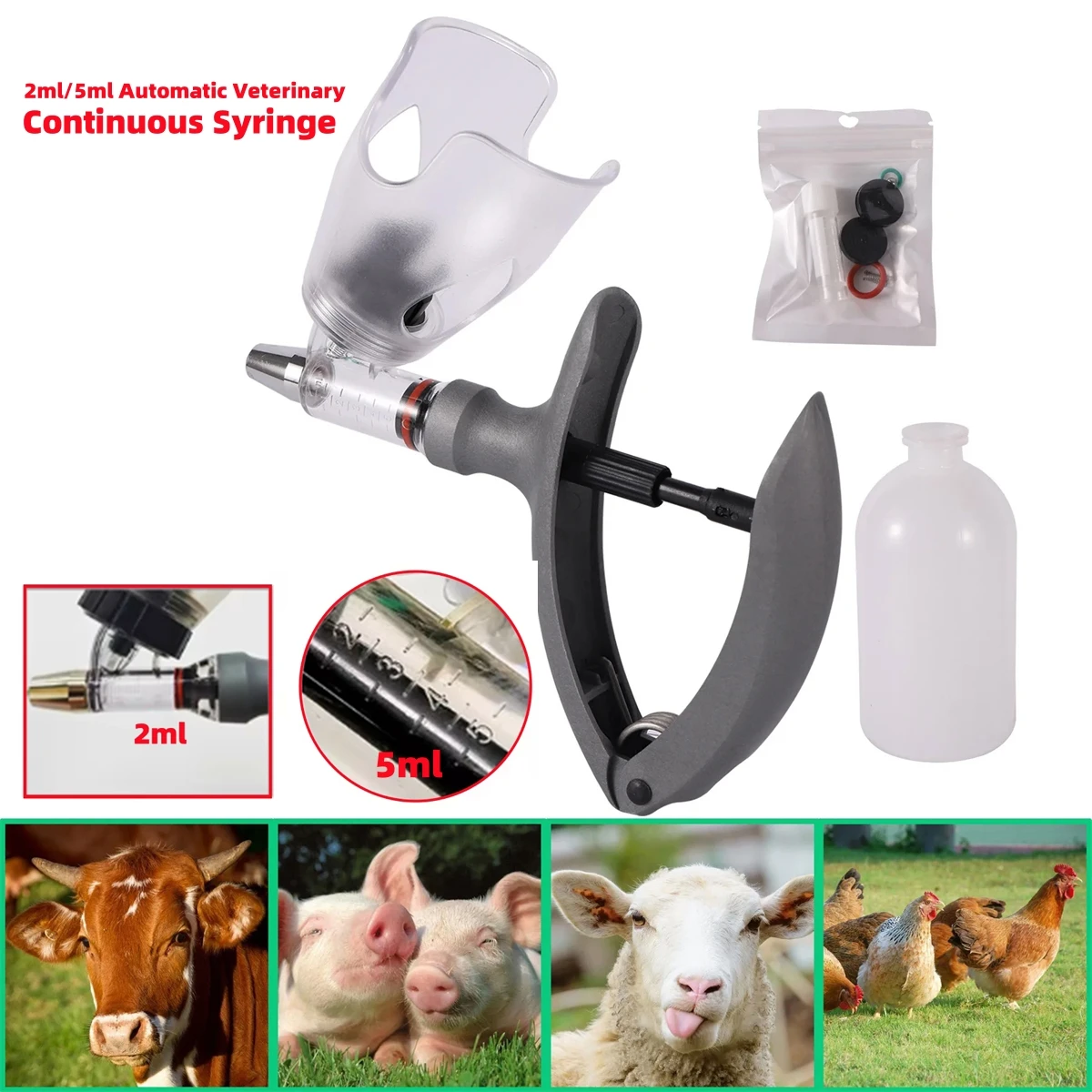 1 Set Adjustable Animal Injection Vaccine Syringe 2ml/5ml Automatic Veterinary Continuous Syringe for Pig Cattle Sheep Horse Cow