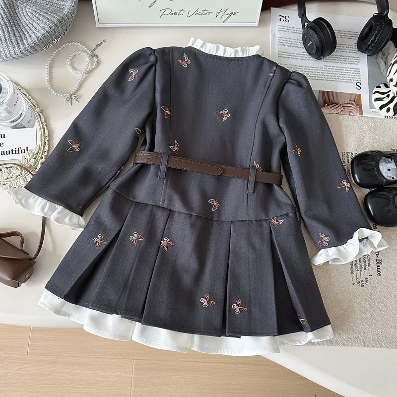 Girls Grey Dress Chic Embroidery Butterfly Print O-neck Long Sleeve A-line Dresses/One Breasted Tops Coat+Pleated Skirt Suits