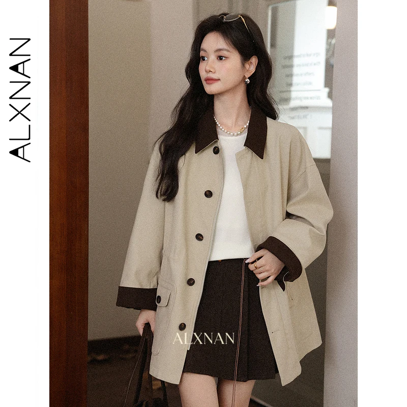 ALXNAN カーキトレンチコート女性ブロックカラーカジュアルルーズフィットウインドブレーカー 2025 秋冬ミッドレングストレンチコート女性 L57723