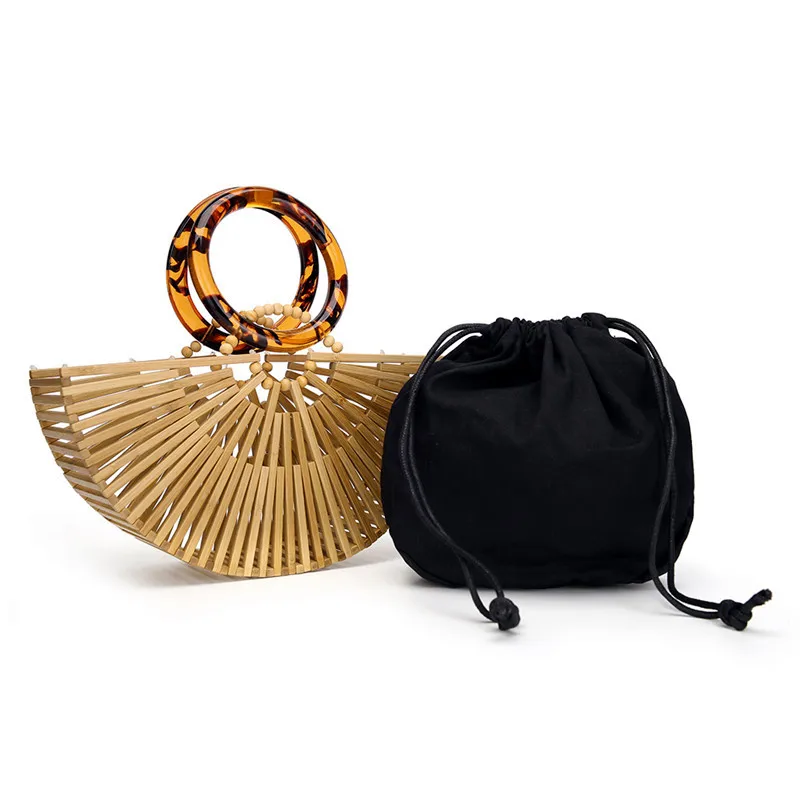 

2025 Fashion Desinger 2Pcs/Set Vintage Half Round Handmade Bamboo Weave Handbag Summer Holiday Hollow Out Round Handle Beach Bag