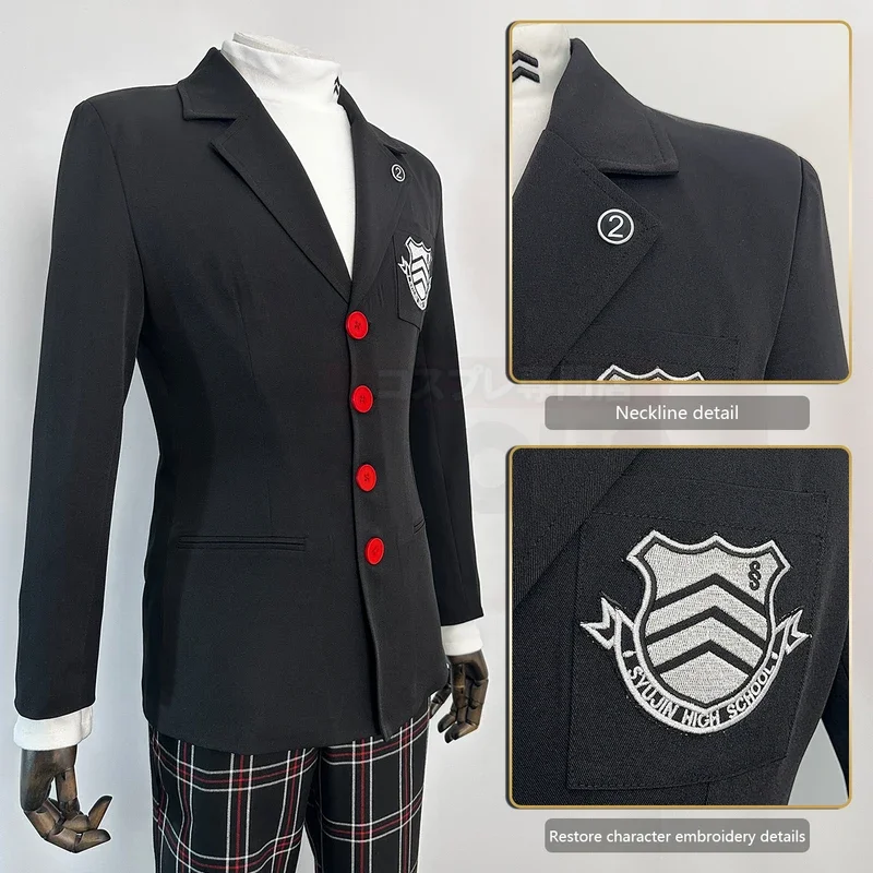 HOLOUN P5 Game Ren Amamiya Cosplay Costume Wig Joker School Uniform Embroidery Suit Blazer Pants Brooch Daily Wear Unisex