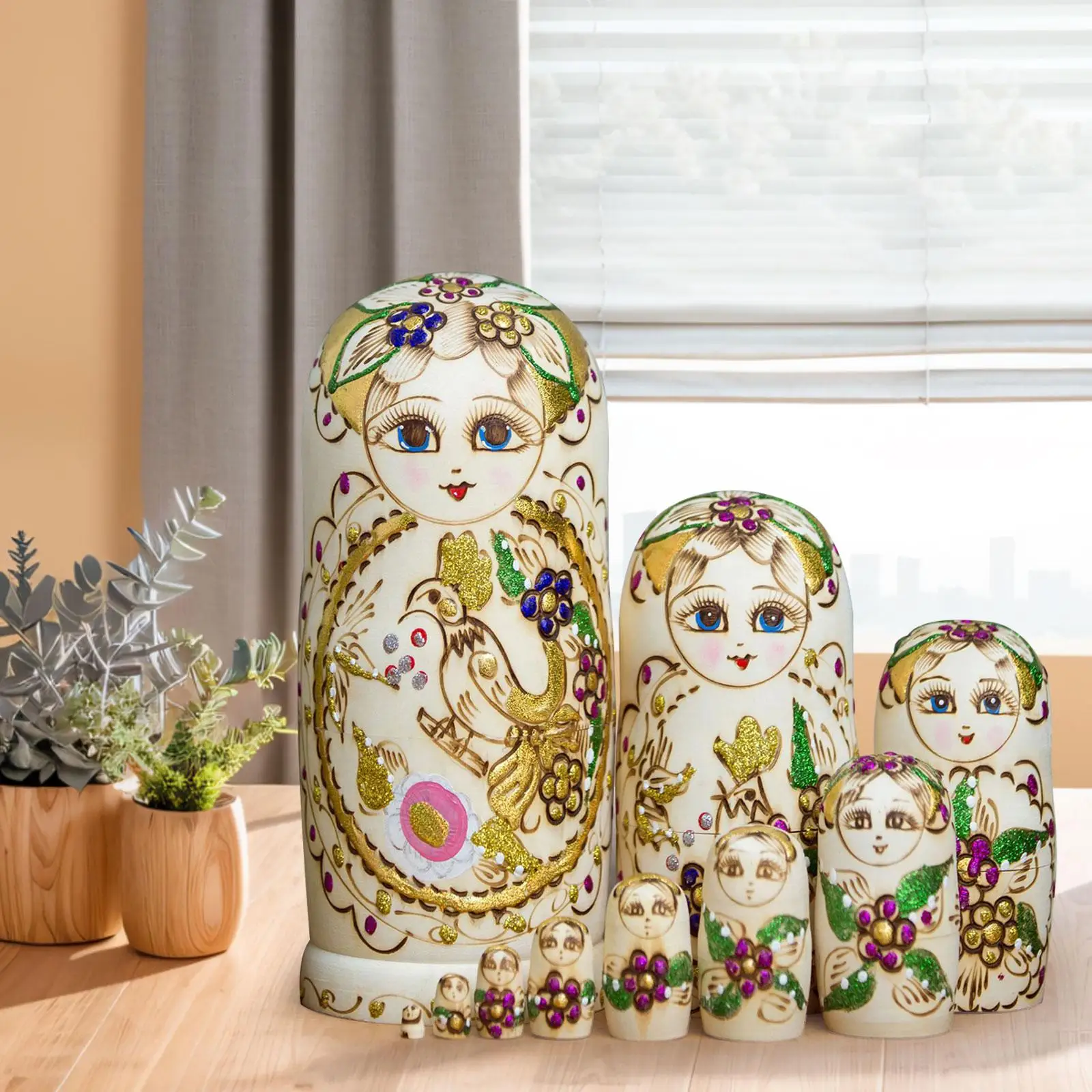 

10 Pieces Russian Dolls Stacking Doll Set, Traditional Educational Toy, Wood Matryoshka Doll for Kids, Adults Wishing Gift