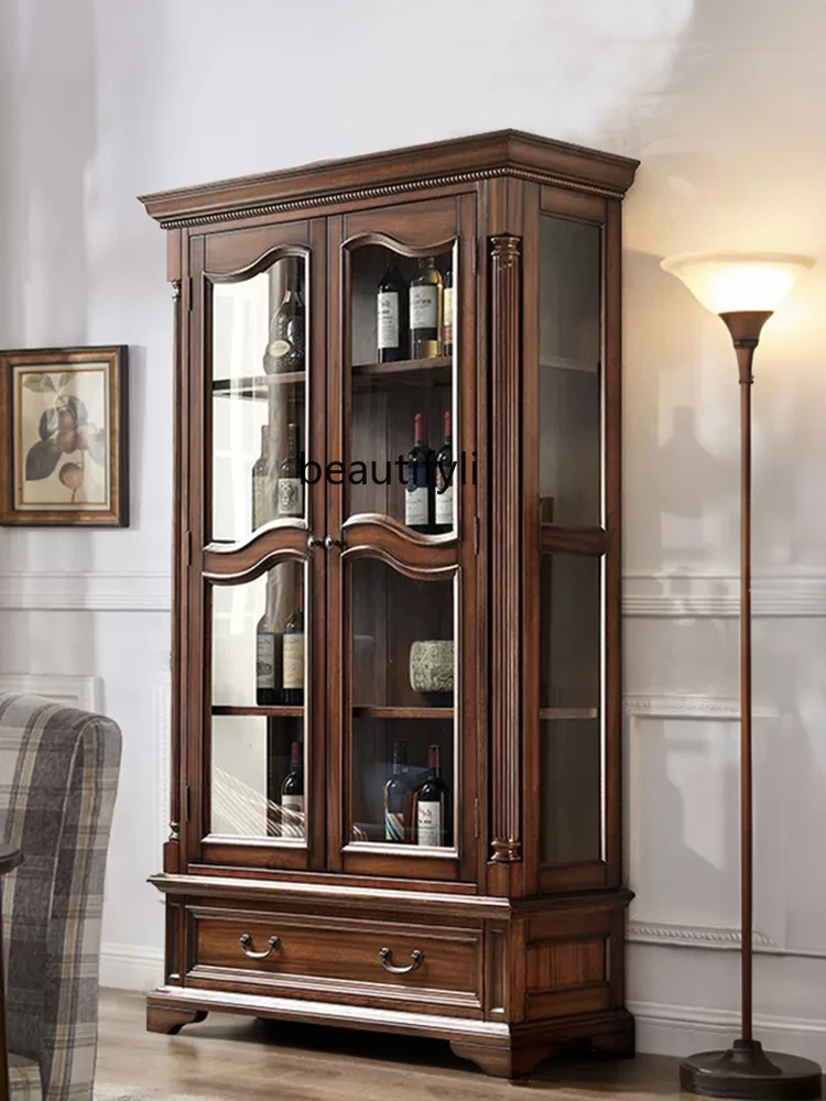 American-Style Solid Wood Wine Cabinet Wall TV Side Cabinet Living Room Small Bookcase Household Double Door Locker