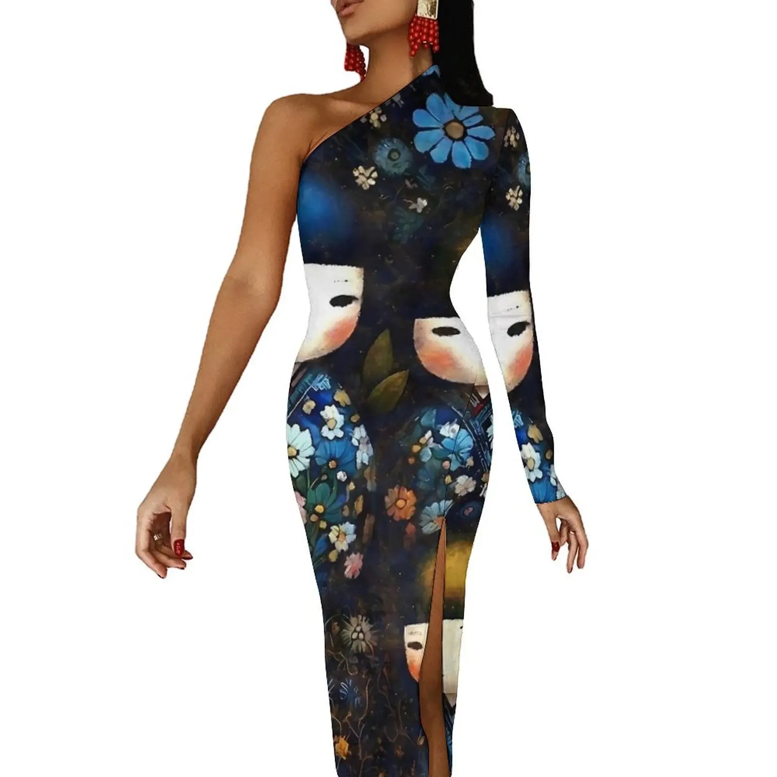 Kokeshi Dolls Maxi Dress Long Sleeve Japanese Dolls Cute Bodycon Dress Spring Aesthetic Long Dresses Woman Graphic Vestido