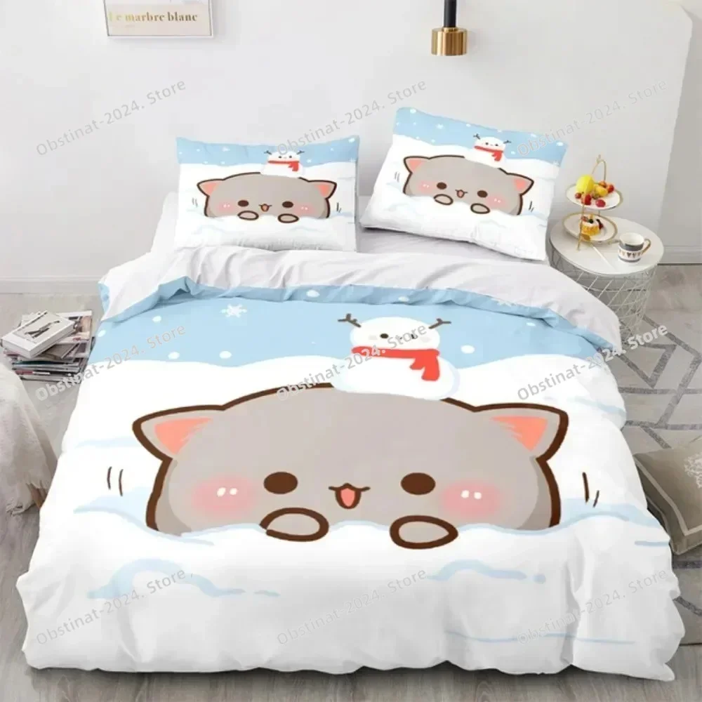 

Lovely Peach Cat Bedding Set Cartoon Comforter Sets Double Queen King Twin Full Size Duvet Cover Set Kids Girls White Bed Linen