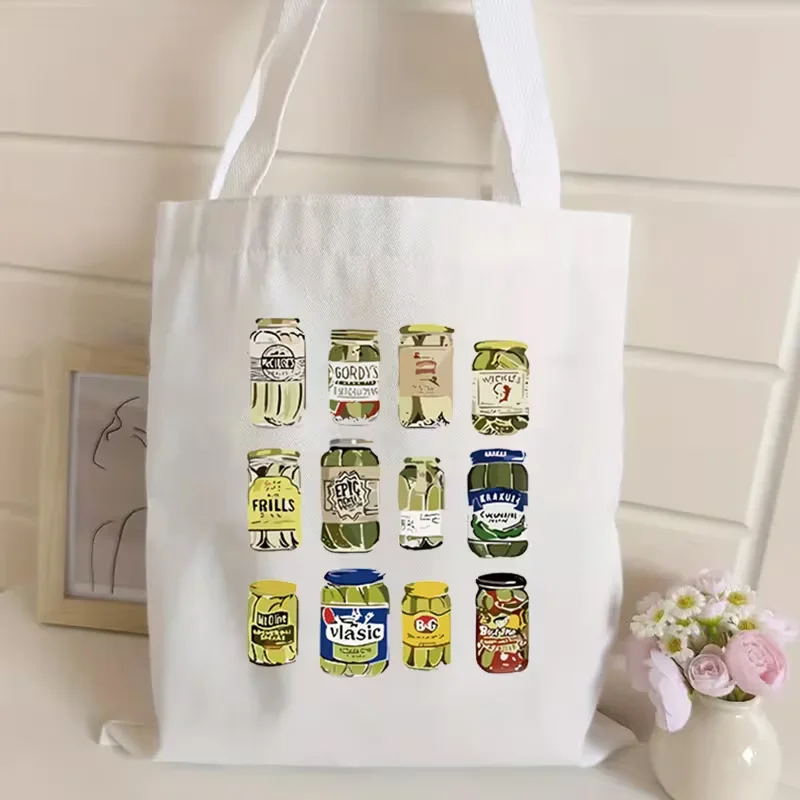 Cute Pickle Jars Canvas Tote Bag Vintage Pickle Glass Jar Grid Print Reusable Shoulder Bag Cottagecore Shopping Handbag