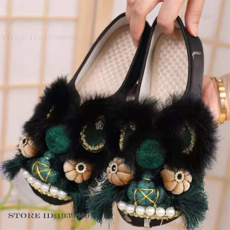 Fluffy Home Slippers New Chinese Style Tradition Female Slippers Tiger Head Shoes Personalized Gifts Spring Summer Outdoor Wear