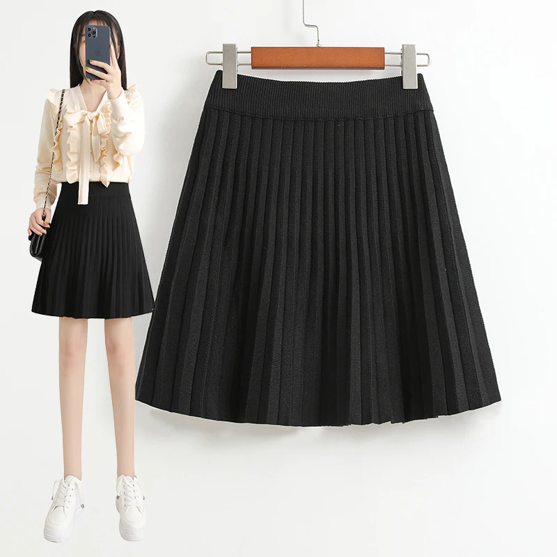 

Black Knitted Pleated Skirt Autumn Winter Women Solid Color Elastic High Waisted Basic All Match Short Mini Umbrella Skirts