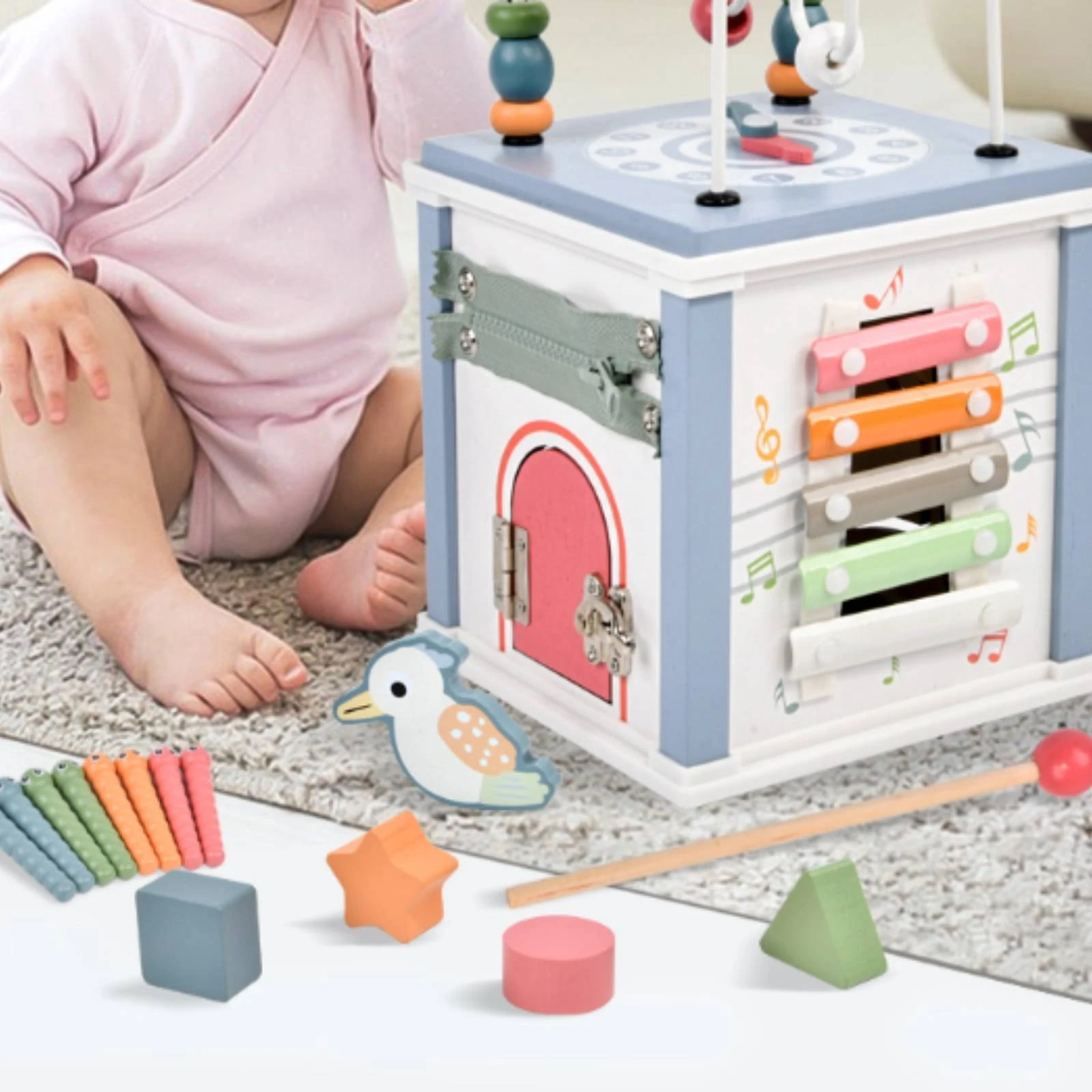 Wooden Activity Cube Pastel Activity Cube with Bead Maze Busy Box with Bead Maze Multifunction Shape Sorter Toy Hands-Friendly
