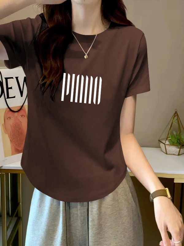 

Slim Fit ort Sve T-irt Women's Summer Pure Cotton Irregular Hem Printed Casual Korean Sle Faionable Top