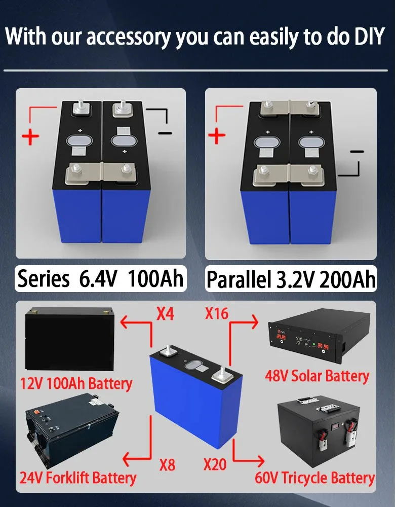 Batterie solaire au lithium LiFePO4, 4 pièces, 3.2V, 100Ah, 24V, 48V