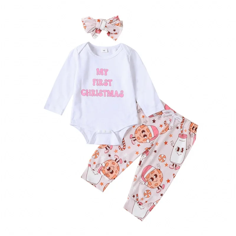 

Newborn Baby Girl Christmas Outfits Letter Print Long Sleeve Romper Tops with Flared Pants 3pcs Clothes Set